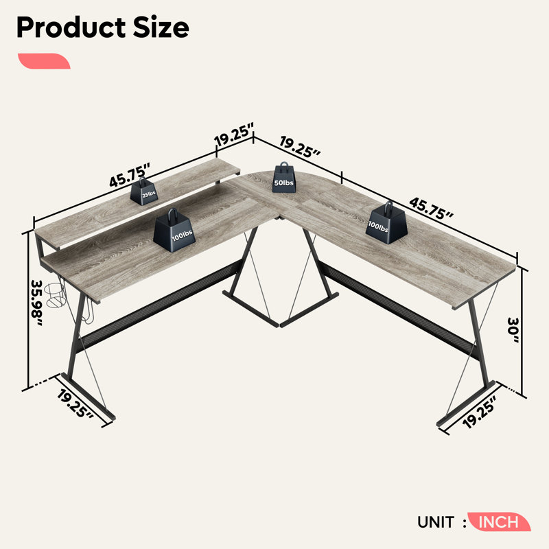 Abeyta L-Shaped Metal Base Computer Desk, Gray Oak/Black