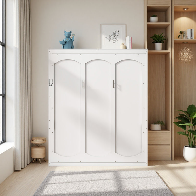 Lit escamotable mural avec tablettes Murphy, Blanc, Grand lit