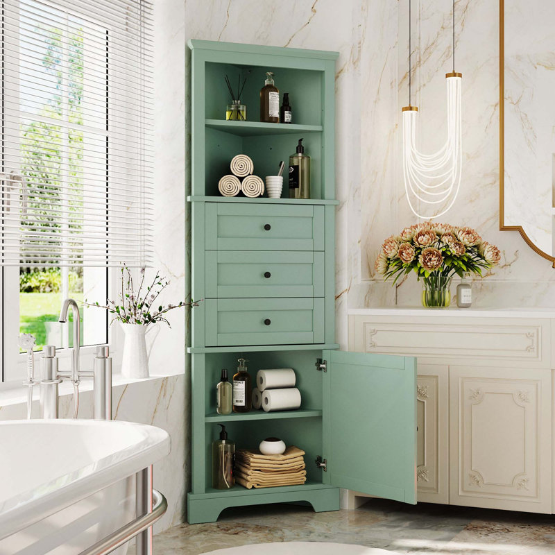 Armoire de rangement triangulaire en panneau de fibres à densité moyenne avec 3 tiroirs et tablettes réglables pour la salle de bain, la cuisine ou le salon