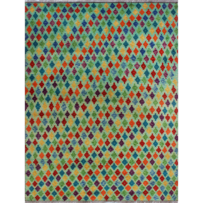 Tapis de zone en laine vert noué la 4 pi 11 po x 6 pi kin à la main one-of-a- Altoona