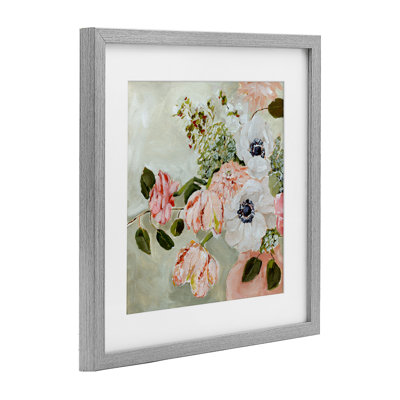 Impression subtile de fleurs roses et blanches printanières sous verre, design par Annie Quigley