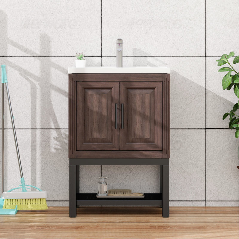 Meuble-lavabo autoportant de 36 po Honoria, 2 portes de rangement, tablettes évidées, pouces de meuble-lavabo texturé, couleur noyer, comptoir en céramique, pieds réglables