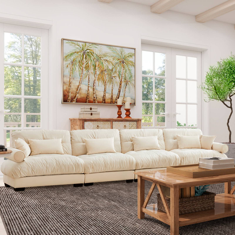 Oversized Velvet Modular Sofa, Cream, 4, 33.4" H x 166" W x 37" D