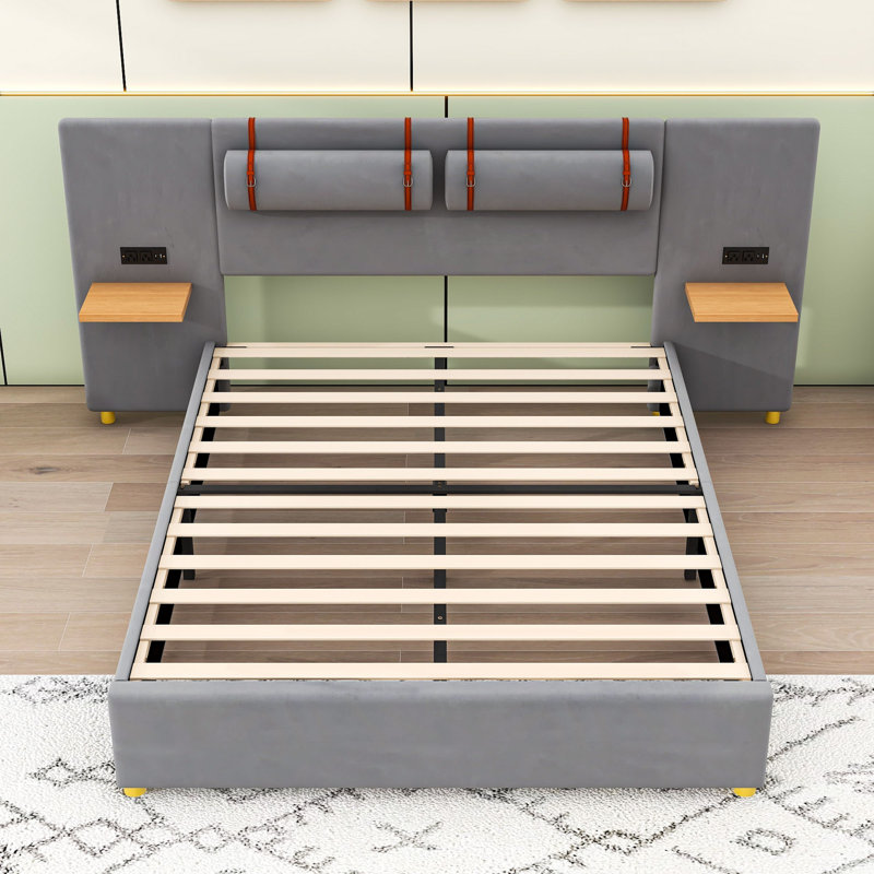 Lit plateforme tapissier avec prises intégrées et port USB et tablettes, Grand, gris