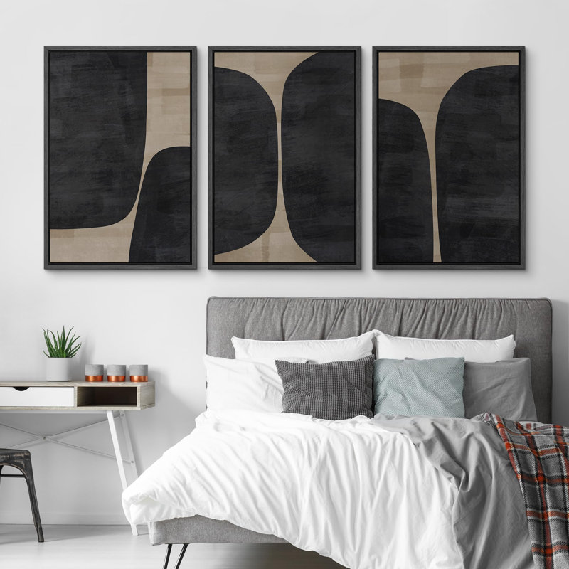 " Dark Gray Black Block Abstract Shape Illustration Modern Decor Relax Calm Chic " 3 - Pieces on Canvas, Noir