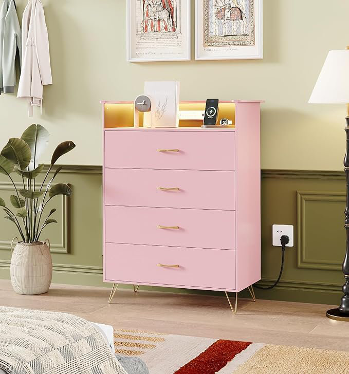 Commode 4 tiroirs avec lumières RVB et station de charge, commode à DEL contrôlée pour l'application pour la chambre à coucher