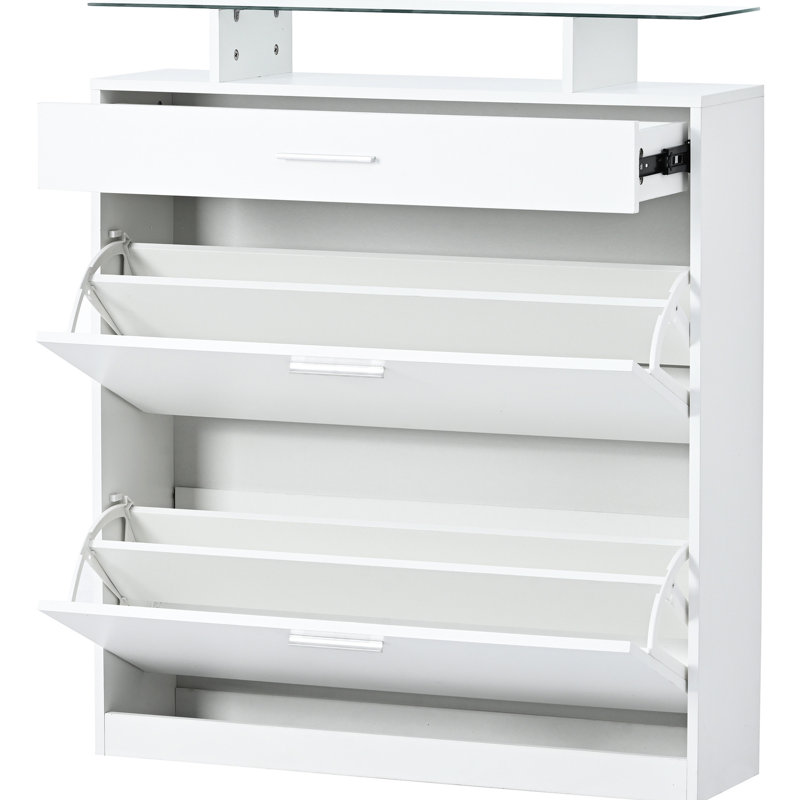 Étagère à chaussures mince avec 2 tiroirs rabattables et conduit pour le vestibule, 3 couloirs modernes en verre trempé blanc