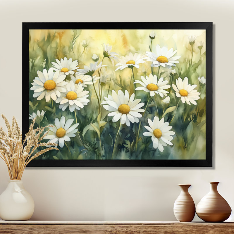 Marguerite d'été blanche et jaune II - Tableau encadré de marguerites, H 12 po x l 20 po, Black Picture Framed