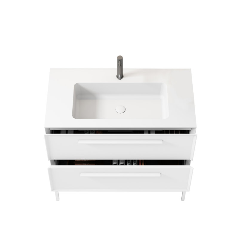 Schneeweis 36 po L x 19 po P 2 tiroirs Meuble-lavabo autoportant avec évier simple et Comptoir en Surface solide blanc mat
