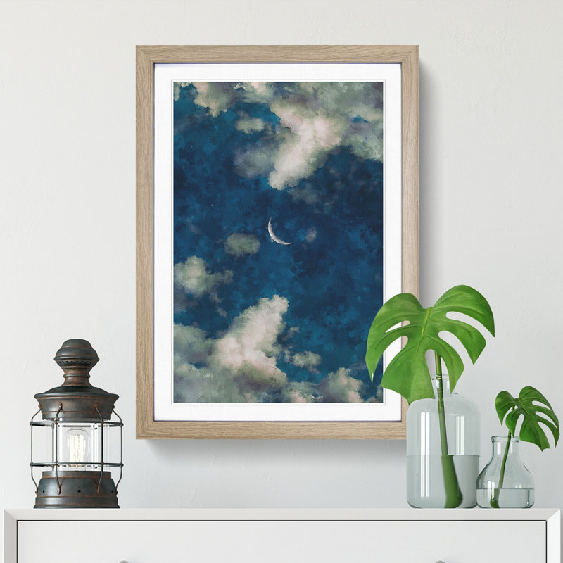 Crescent Moon Through The Clouds - Single Picture Frame Painting on MDF, Oak Framed, 33cm H x 24cm W x 2cm D