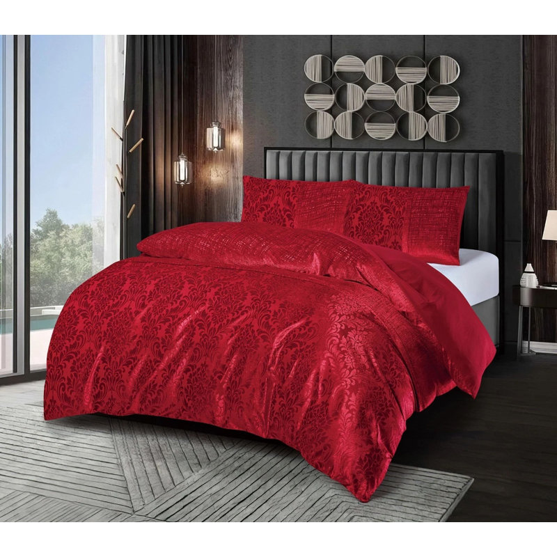 Damask Jacquard Duvet Cover 3 Piece Velvet Bedding Set With Matching Pillowcases, Double Duvet Cover + 2 Standard Pillowcases
