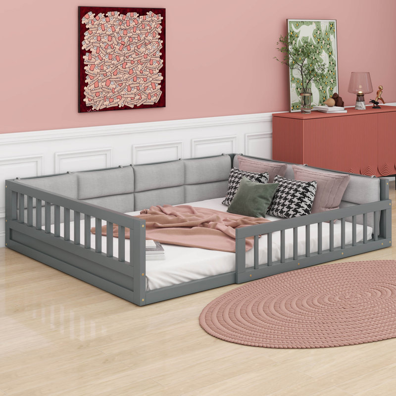 Maily Wood Full Size Upholstered Platform Bed with Guardrail and Pillow, Grey