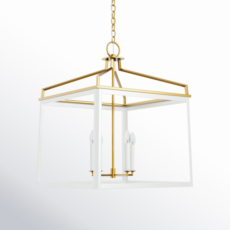 4 - Light Dimmable Lantern Geometric Chandelier, Matte White, 23.5" H x 18" W x 18" D