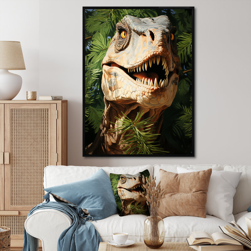 «Green Velociraptor In Jungle II», art mural dinosaure, Cadre flottant noir, H 32 po x l 16 po x P 1 po