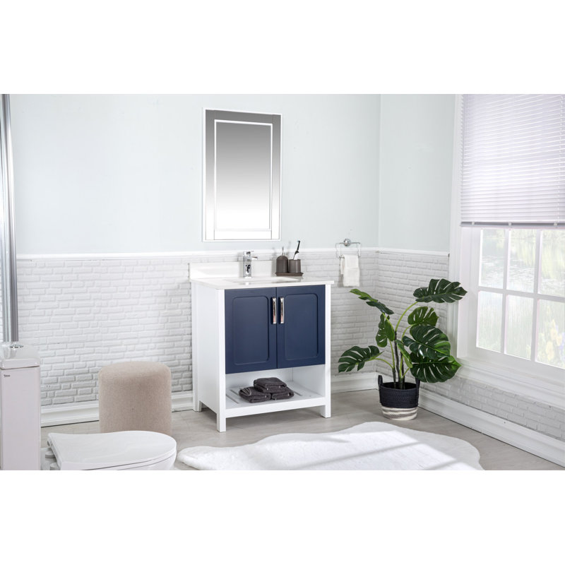 Ensemble de meuble-lavabo simple 29,5 po avec miroir Cnut, Bleu foncé / Blanc