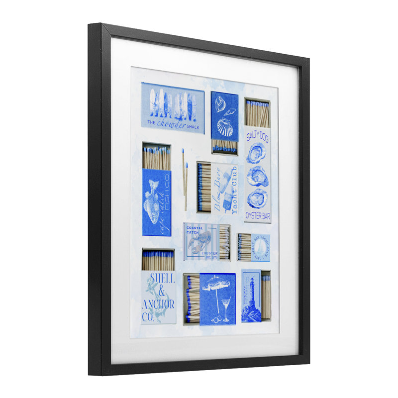 «Blue Coastal Matchboxes», reproduction encadrée sous verre, conception de Ziwei Li, Cadre noir minuit, H 16 po x l 13 po