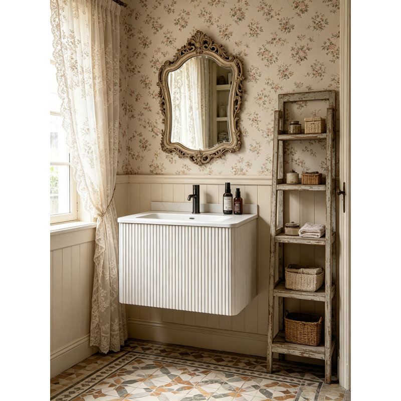 Meuble-lavabo flottant avec lavabo en céramique et tiroir à ouverture par pression, Blanc, 24"