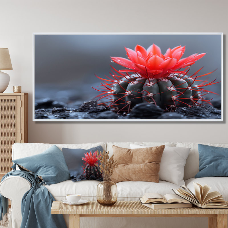 Cactus rouge et vert, gouttes de pluie, art mural cactus floral, Toile encadrée flottée blanche, H 28 po x l 60 po x P 1,5 po