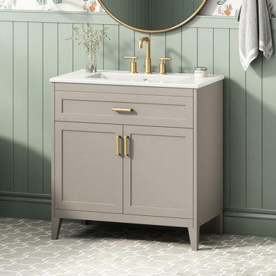 [Vidéo] Meuble-lavabo de 76 cm avec lavabo en céramique, pieds en bois massif, portes doubles à fermeture amortie et tiroir basculant, tablette intérieure réglable, rangements intégrés aux portes