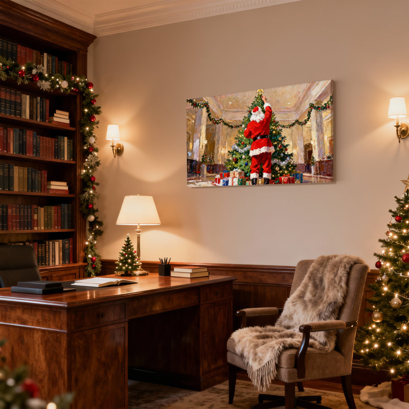 «Christmas Santa Decorating Christmas Tree In Hall», ensemble de 3 impressions d'art sur toile, H 24 po x l 36 po
