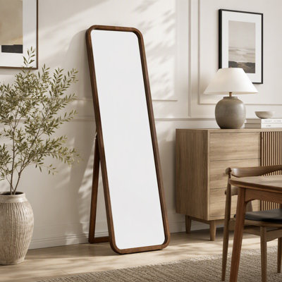 Miroir pleine longueur, miroir de plancher en bois de hêtre massif, miroir autoportant avec support, grand miroir de corps pour le vestiaire de la chambre à coucher, finition noyer