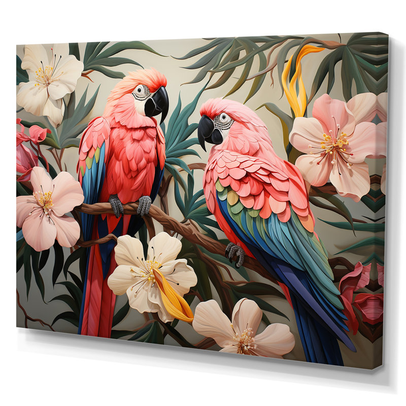 Fleurs tropicales roses et bleues - art mural perroquet III, Toile tendue, H 30 po x l 40 po x P 1,5 po