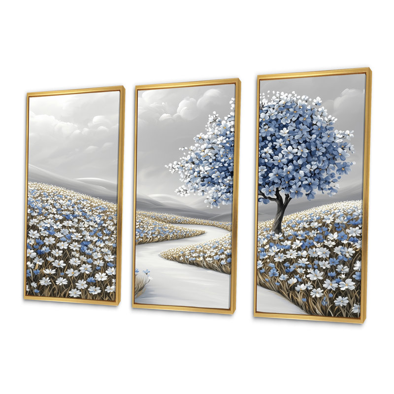 Ensemble de salon d'art mural campagne Blooms I - Cornflowers, Toile avec cadre flottant or, H 28 po x l 36 po x P 1 po