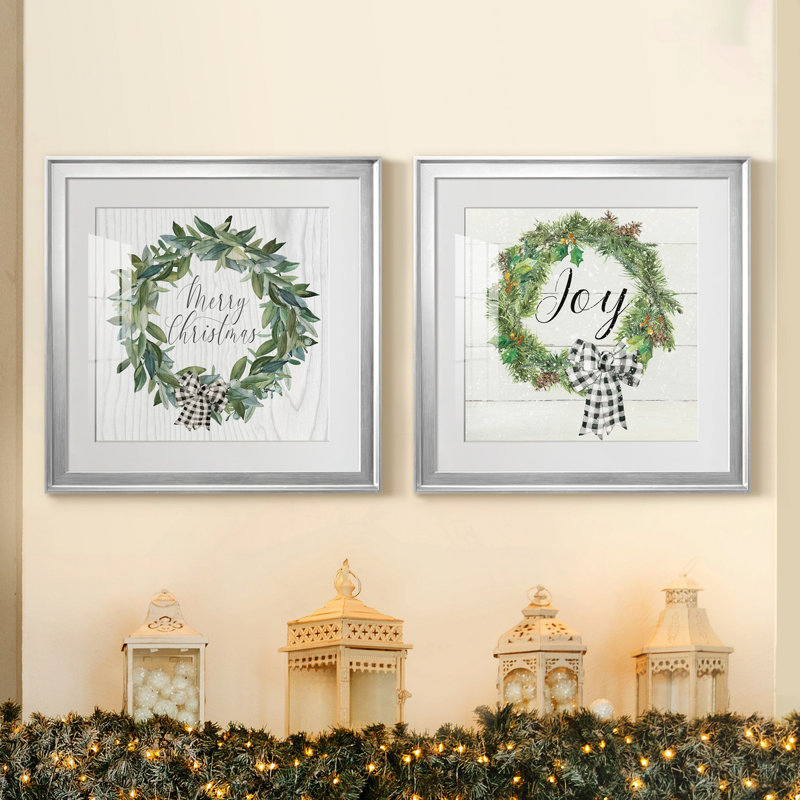 «Snowberry Wreath», ensemble de 2 reproductions d'art textuel sur toile, Papier avec cadre argenté, Blanc