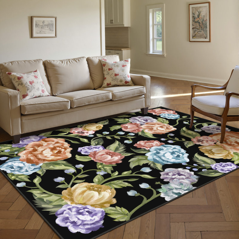 Cherry Machine Washable Floral Area Rug With Non-Slip Backing, Rectangle 5' x 7'