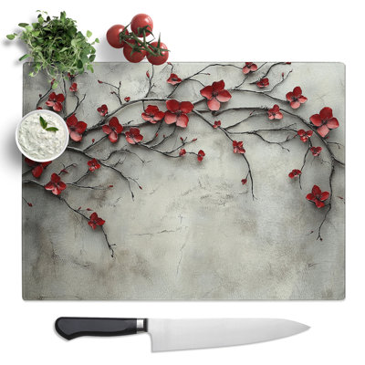 Pink Flowers  Glass Chopping Board