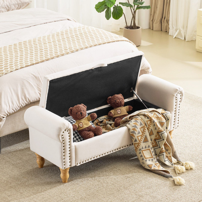 Banc de rangement rembourré en lin Saly, Brun, Beige