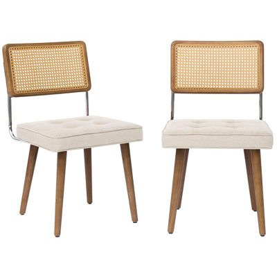 Set of 2 Mid-Century Modern Rattan Dining Chairs – Upholstered Linen Beige Seat – Cane Mesh Back – Plain Wood Frame, Linen | Beige
