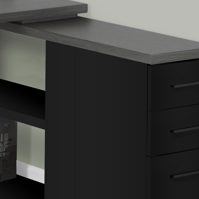 Bureau d'ordinateur, bureau personnel, coin, gauche, configuration à droite, tiroirs de rangement, forme en L, travail, ordinateur portable, stratifié, métal noir, contemporain, moderne