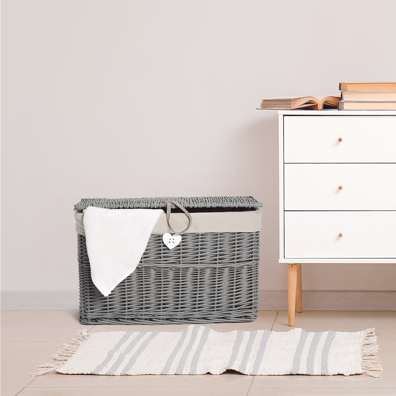 Wicker Storage Trunk with Lid and Cotton Liner, 30cm H x 47cm W x 30cm D, Grey