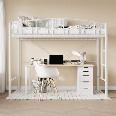 Twin Metal Loft Bed Frame with Arched Guardrail & Ladder, Modern Design, White