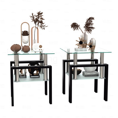 Table basse carrée en verre, ensemble de 2 tables de salon, 2 tables de thé moderne trempé, table de bout, transparent / noir