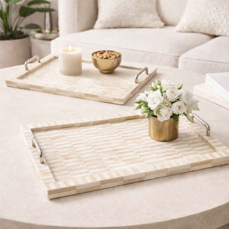 Plateau à carreaux en os et résine fait à la main avec poignée - ensemble de 2, Beige