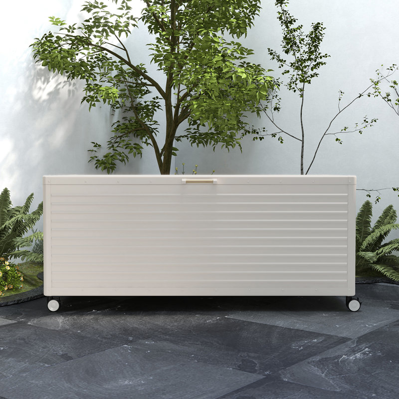 Latte Metal Deck Box with Wheels and Dark Wood Grain Handle