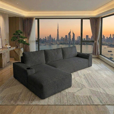 104" L Shaped Boneless Sectional Couches for Living Room, Comfy Corduroy Floor Cloud Sofa with Chaise and Cup Holder, Wide Armrest, Deep Seat, Assembly Free, Ideal for Small Spaces，Green Right Facing Chaise