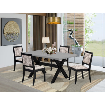 5-piece dining set consists of a dining table with top and 4 stackable chairs with White and Gray Pattern Polyester Fabric - Wire-brushed Black
