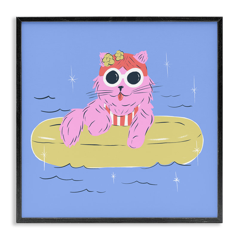 Giclée encadrée de chat Summer Pool Float, design par Krissy Mast, Giclée encadrée noir minuit, H 12 po x l 12 po
