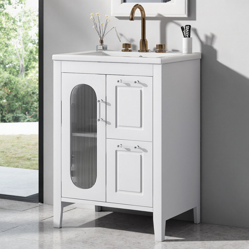 Élégant meuble-lavabo moderne de 24 po avec lavabo en céramique, rangement spacieux et fabrication en bois massif, Blanc