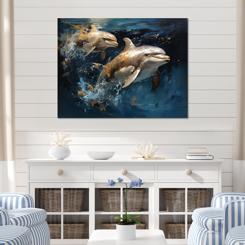 «Blue Dancing Dolphines II» - animaux, art des dauphins, H 34 po x l 44 po x P 1,5 po, Cadre doré à coins fermés