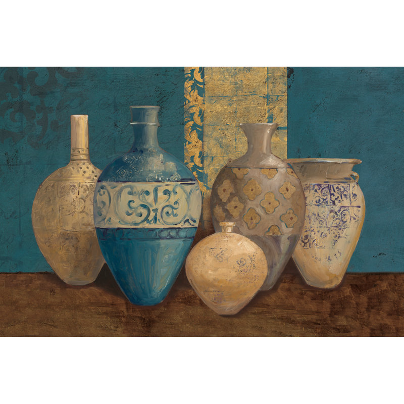 «Aegean Vessels on Turquoise» par Avery Tillmon - peinture sur toile tendue, H 20 po x l 30 po, Cadre flottant doré, Non