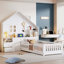 Lit maison avec fenêtre et tiroirs de chevet, lit plateforme avec tablettes et ensemble de prises et port USB-1143924217
