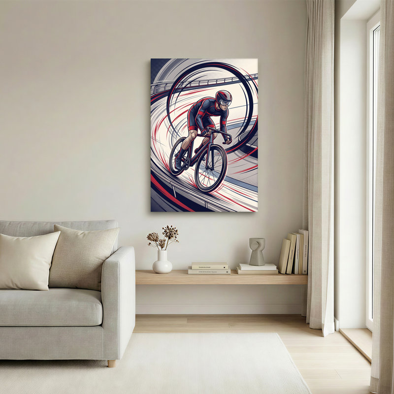 «Cyclist Racing on Velodrome Track» sur toile rouge et noire, 24"H x 18"W