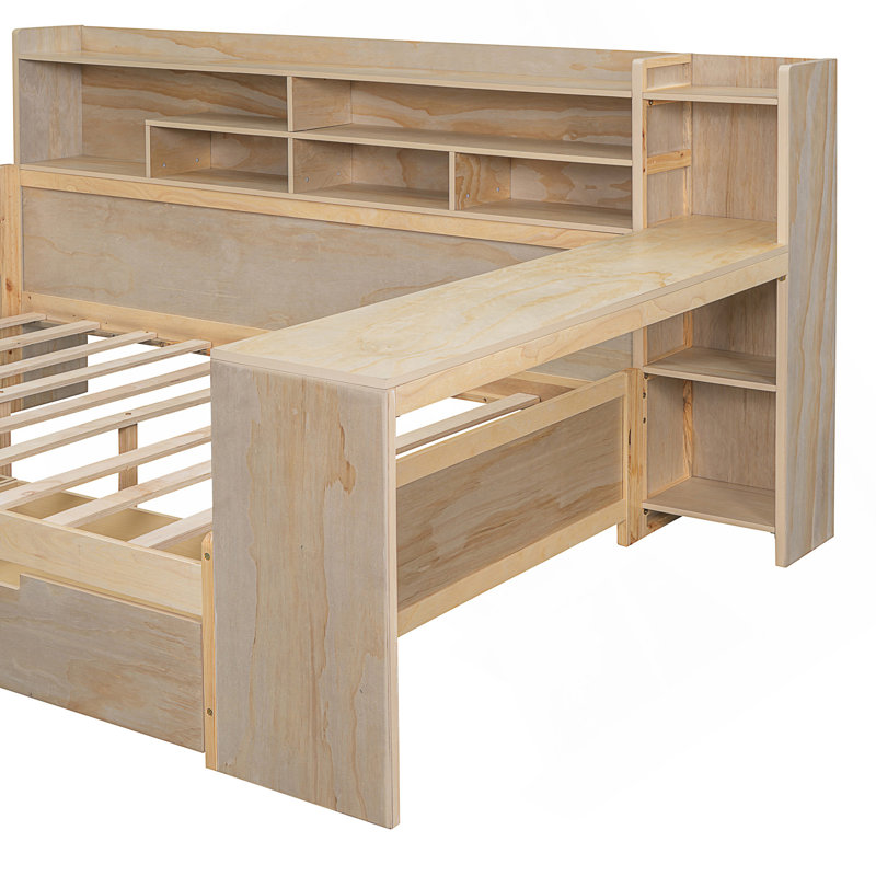 Lit en bois avec lit gigogne simple, Naturel, Lit double