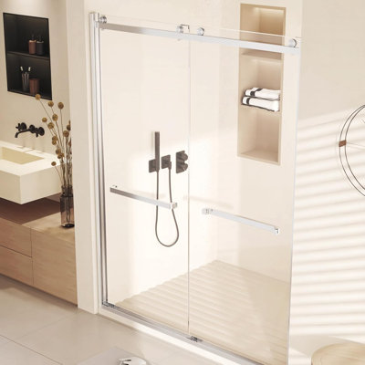 Semi-Frameless Sliding Shower Door, 2/5'' Double Sliding Tempered Glass Shower Door with Stainless Steel Handles for Walk-in Shower Bathroom- 60" W x 72" H,Brushed Nickel