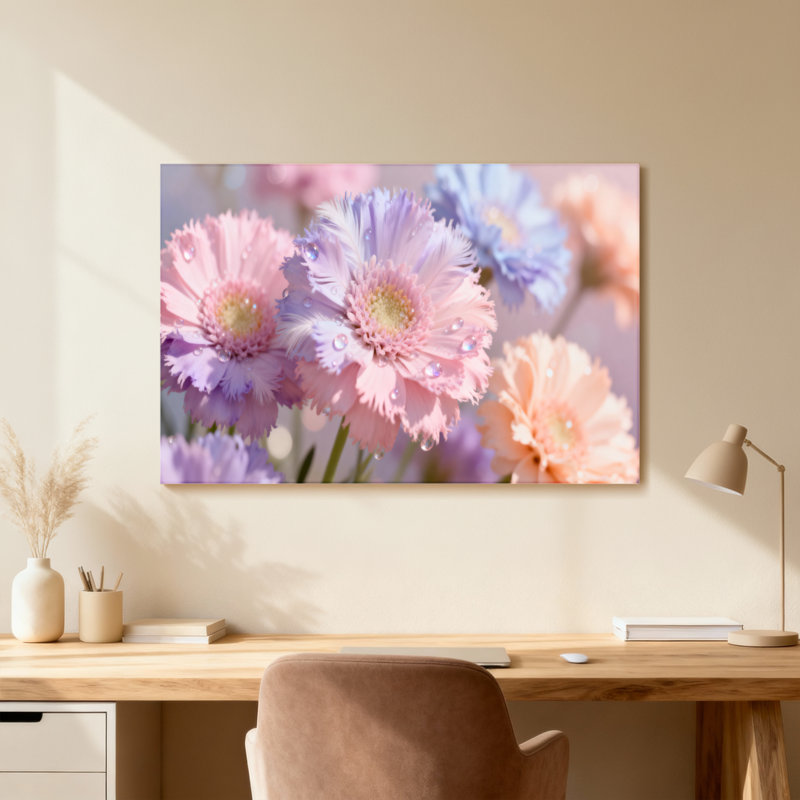 Plantes et fleurs fleurs pastel avec gouttes de rosée, Reproduction encadrée d'une seule photo sans pass, Grain de bois clair