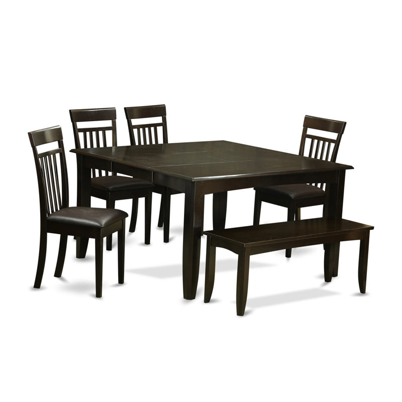 6 Piece Dining Table Set Contains a Square Dining Room Table with Butterfly Leaf and 4 Faux Leather Chairs with a Bench, Cappuccino
